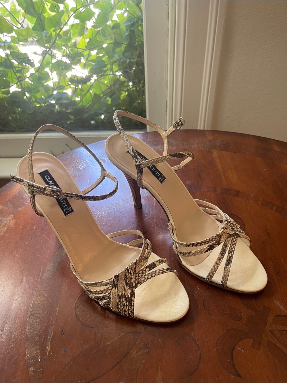 Claudia Ciuti Beige Snake-Print Strappy High-Heel Sandals